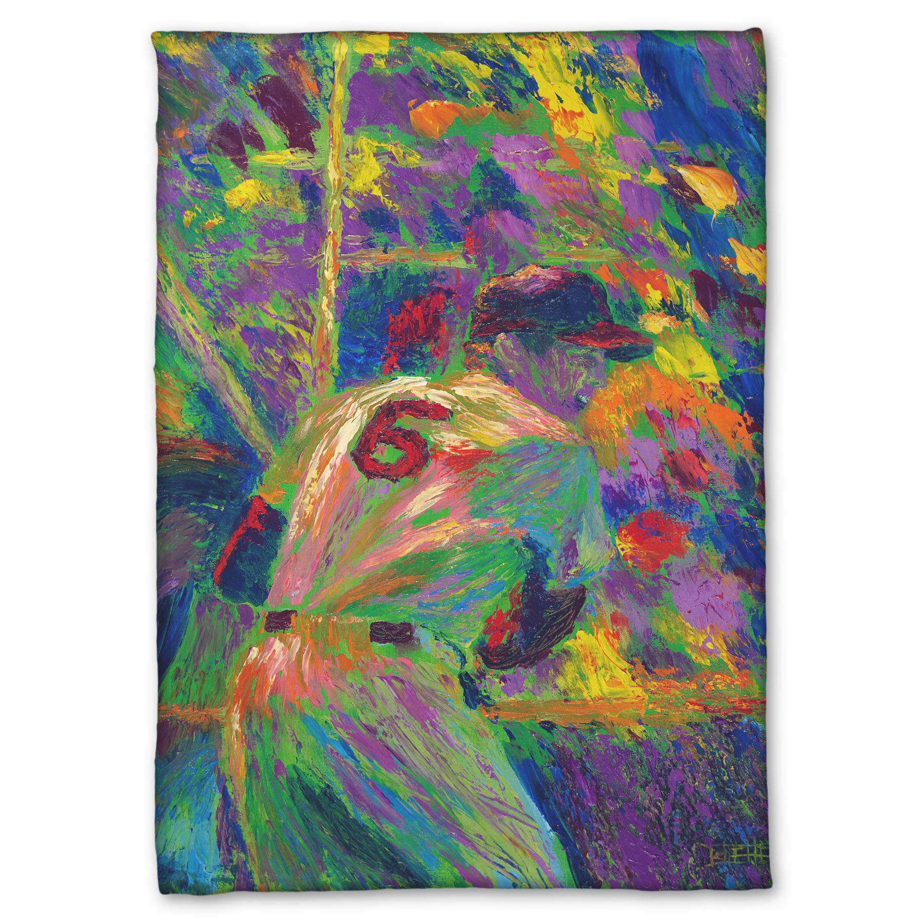 A coral fleece throw blanket designed with a painting of baseball player Stan Musial, waiting at bat.