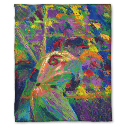 A coral fleece throw blanket designed with a painting of baseball player Stan Musial, waiting at bat.