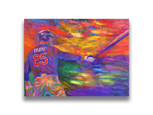 A painting of baseball player Jim Thome holding a baseball bat. It is painted using arbitrary color, in a vibrant spectrum of hues. Printed on canvas.