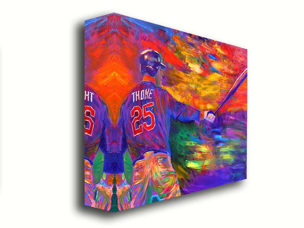 A painting of baseball player Jim Thome holding a baseball bat. It is painted using arbitrary color, in a vibrant spectrum of hues. Printed on canvas.