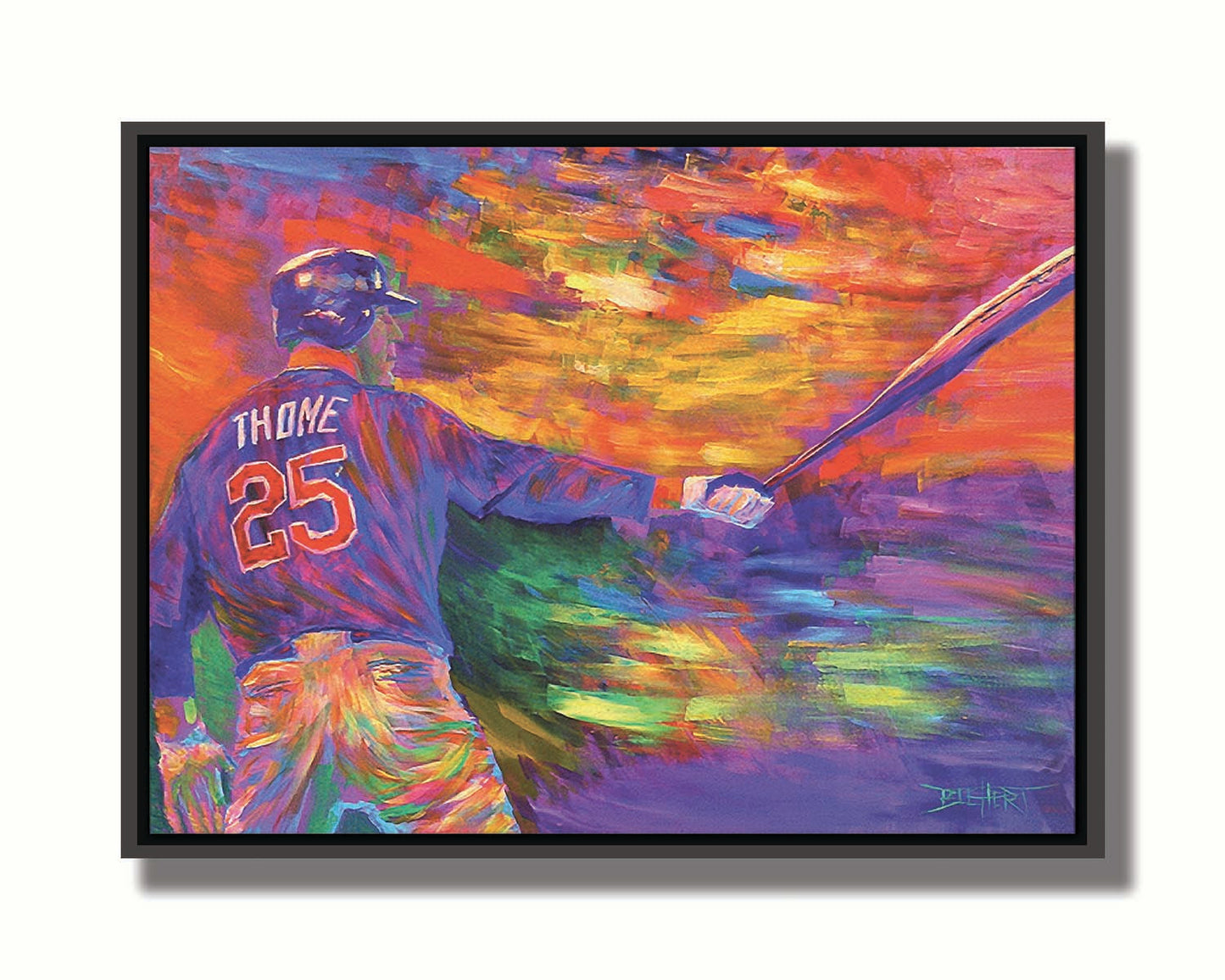 A painting of baseball player Jim Thome holding a baseball bat. It is painted using arbitrary color, in a vibrant spectrum of hues. Printed on canvas in a float frame.