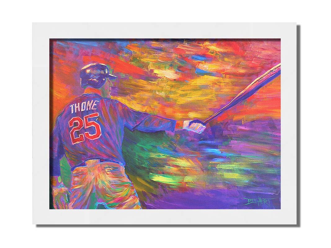 A painting of baseball player Jim Thome holding a baseball bat. It is painted using arbitrary color, in a vibrant spectrum of hues. Printed on canvas and framed.