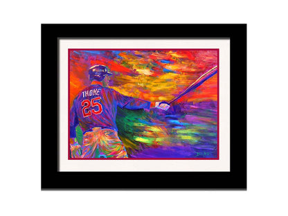 A painting of baseball player Jim Thome holding a baseball bat. It is painted using arbitrary color, in a vibrant spectrum of hues. Printed on paper, matted, and framed.