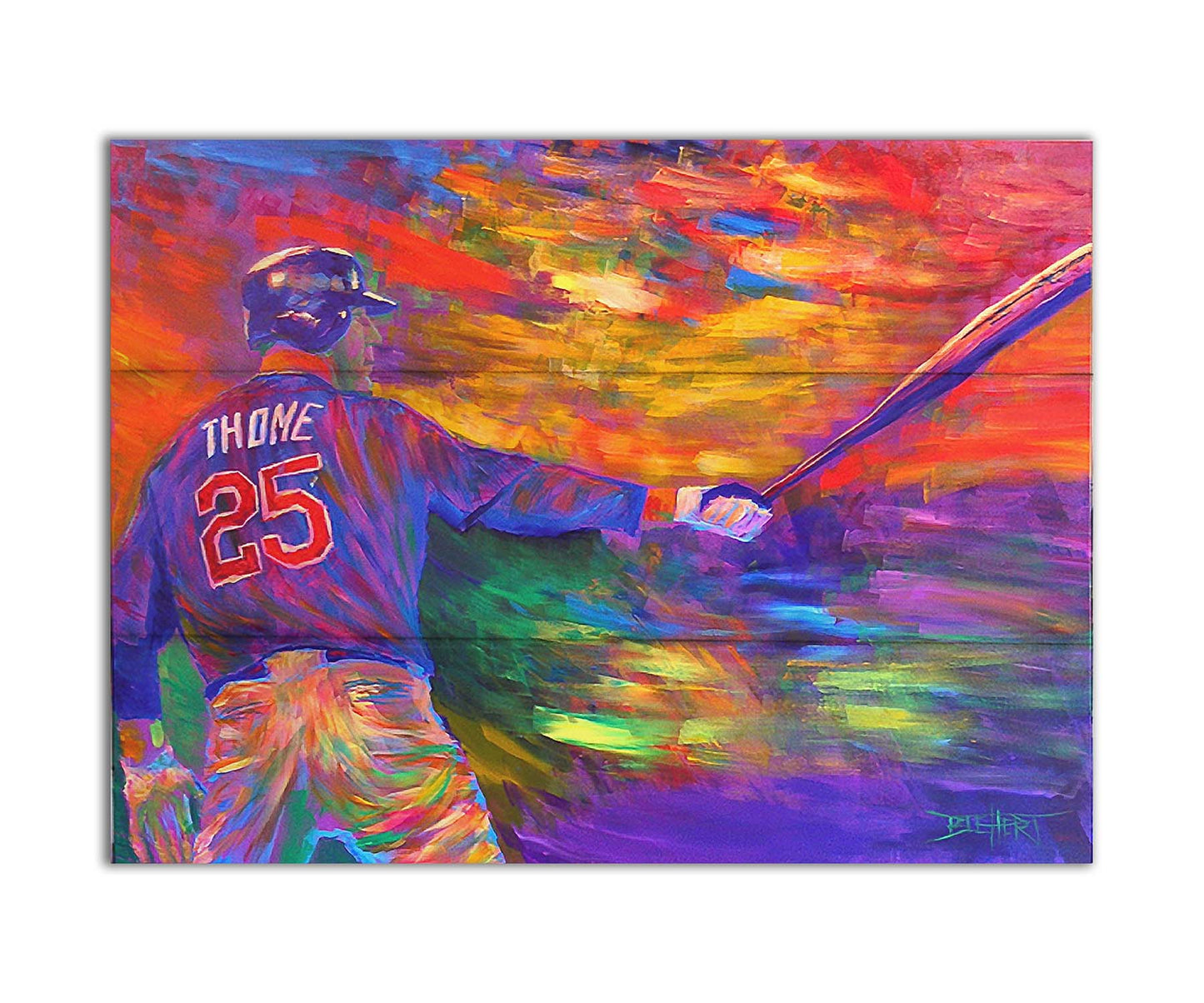 A painting of baseball player Jim Thome holding a baseball bat. It is painted using arbitrary color, in a vibrant spectrum of hues. Printed on a box board.