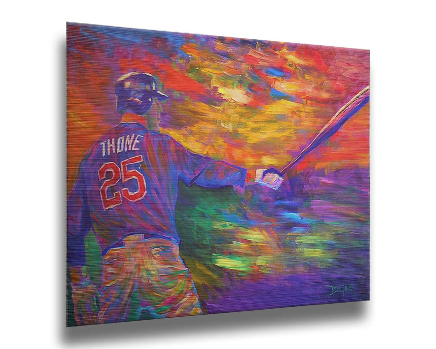 A painting of baseball player Jim Thome holding a baseball bat. It is painted using arbitrary color, in a vibrant spectrum of hues. Printed on metal.