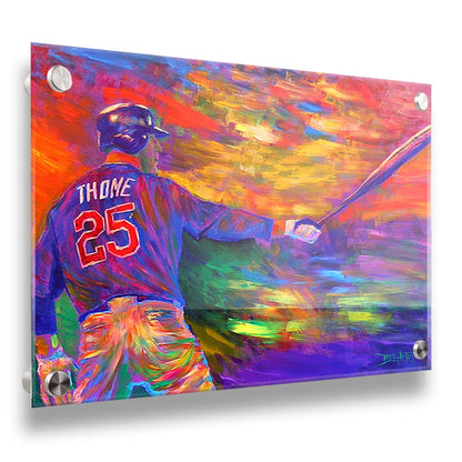 A painting of baseball player Jim Thome holding a baseball bat. It is painted using arbitrary color, in a vibrant spectrum of hues. Printed on acrylic.