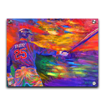 A painting of baseball player Jim Thome holding a baseball bat. It is painted using arbitrary color, in a vibrant spectrum of hues. Printed on acrylic.