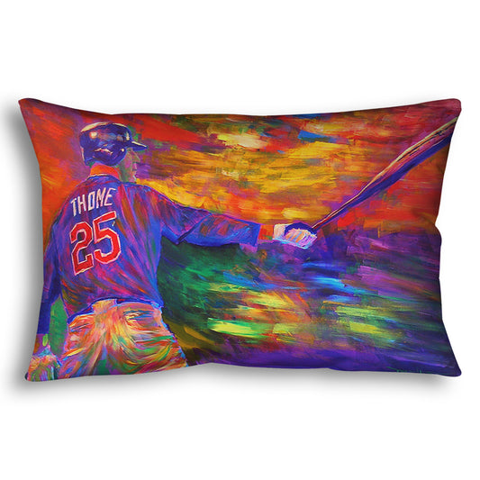 A throw pillow designed with a painting of baseball player Jim Thome holding a baseball bat. It is painted using arbitrary color, in a vibrant spectrum of hues.