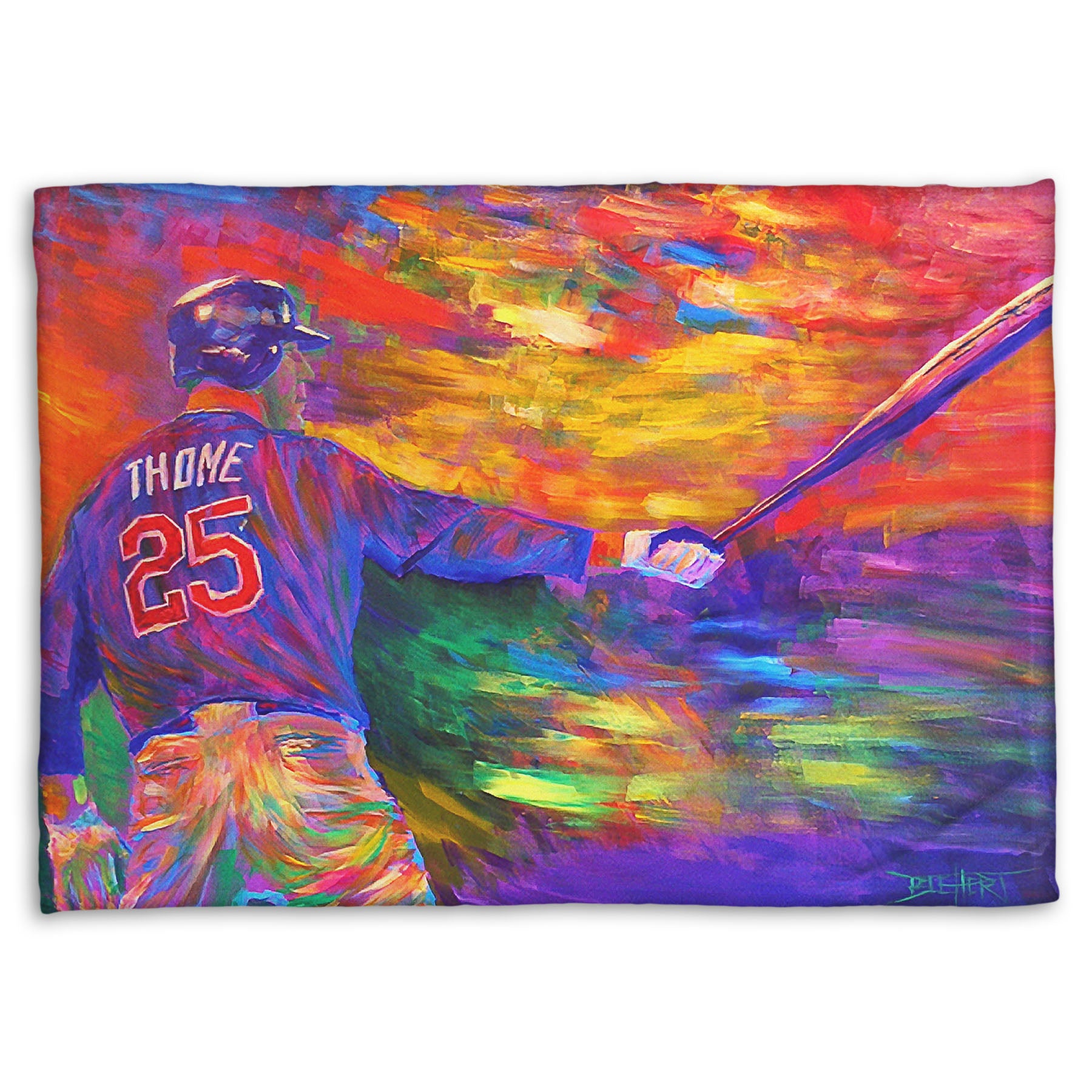 A fleece throw blanket designed with a painting of baseball player Jim Thome holding a baseball bat. It is painted using arbitrary color, in a vibrant spectrum of hues.