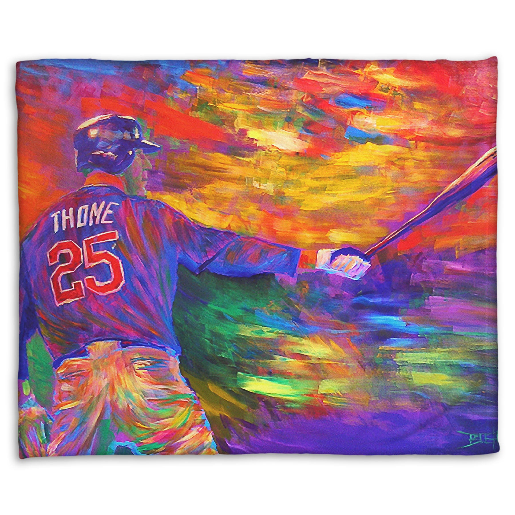 A fleece throw blanket designed with a painting of baseball player Jim Thome holding a baseball bat. It is painted using arbitrary color, in a vibrant spectrum of hues.
