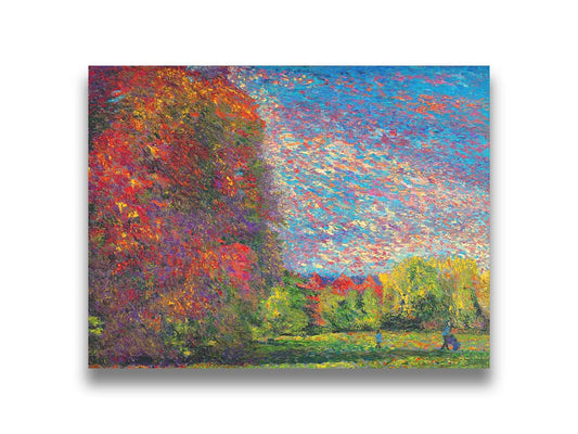 A painting of a wide-open park, painted with unblended spots of paint. The trees are turning from green to red with the transition to autumn. Printed on canvas.