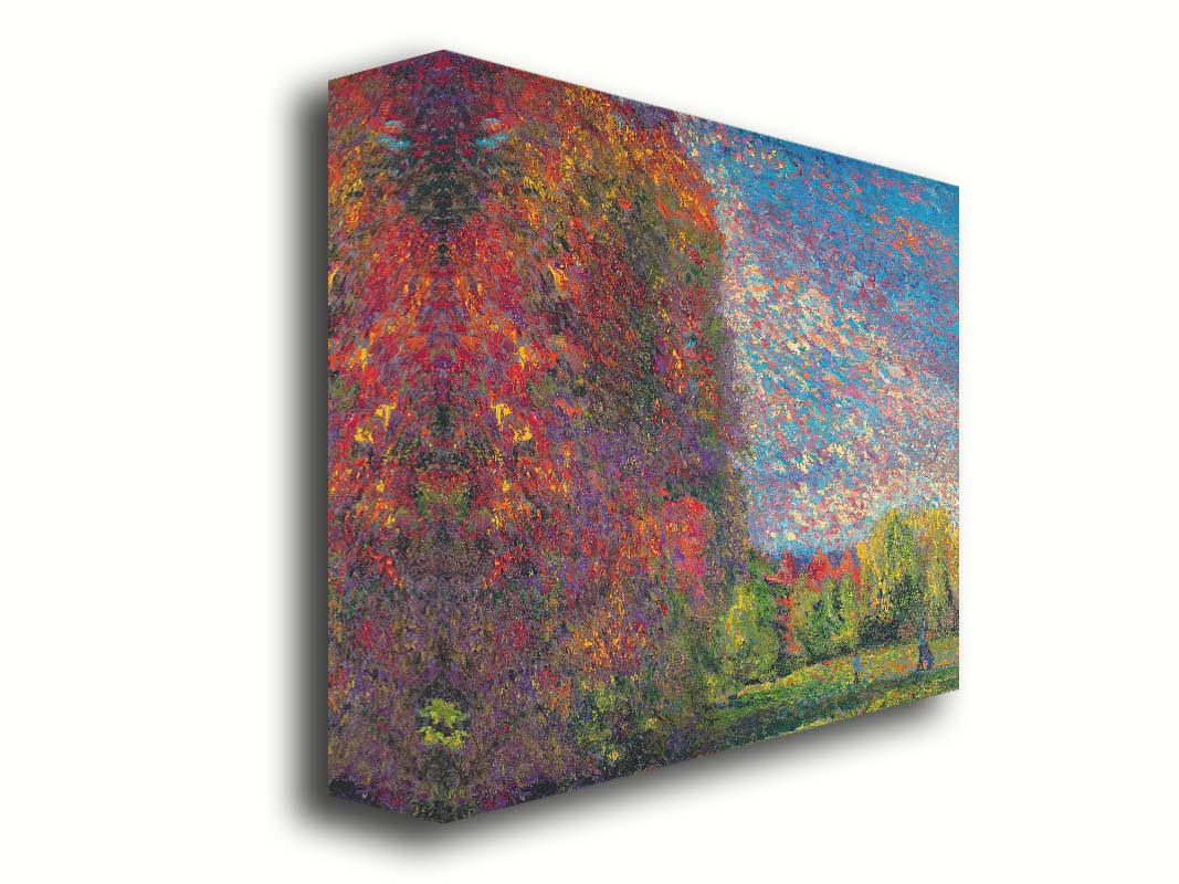 A painting of a wide-open park, painted with unblended spots of paint. The trees are turning from green to red with the transition to autumn. Printed on canvas.