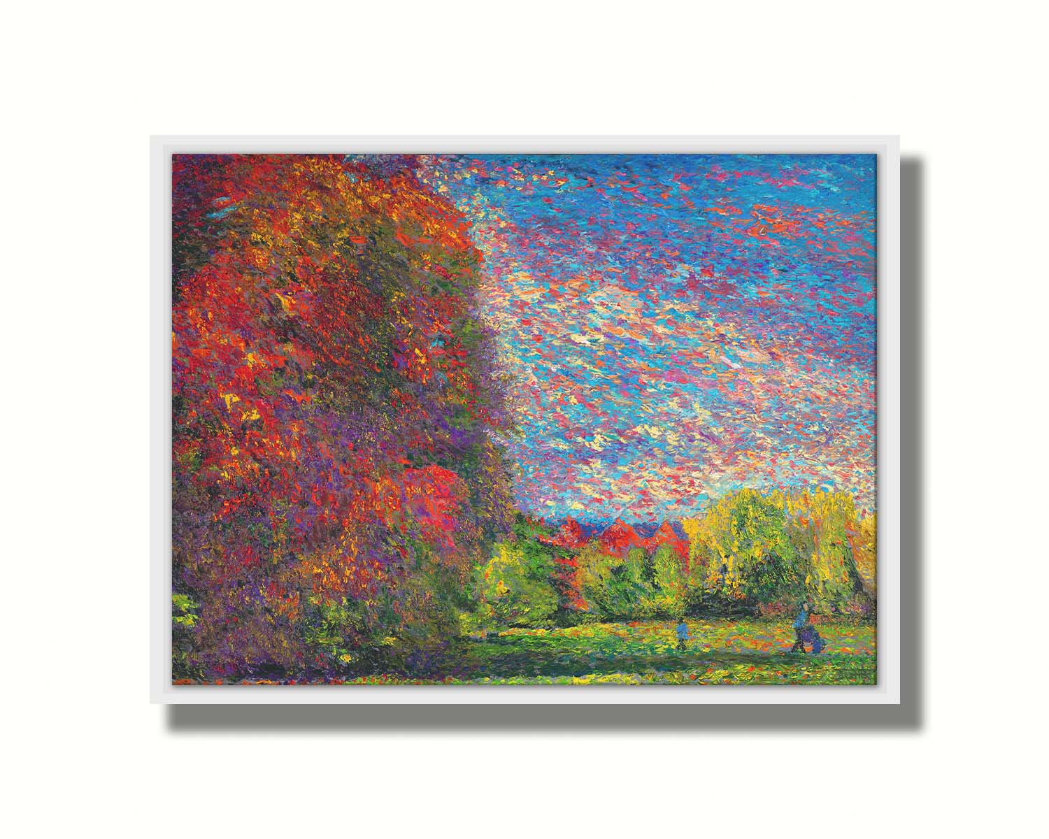 A painting of a wide-open park, painted with unblended spots of paint. The trees are turning from green to red with the transition to autumn. Printed on canvas in a float frame.