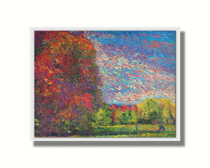 A painting of a wide-open park, painted with unblended spots of paint. The trees are turning from green to red with the transition to autumn. Printed on canvas in a float frame.