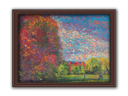 A painting of a wide-open park, painted with unblended spots of paint. The trees are turning from green to red with the transition to autumn. Printed on canvas and framed.