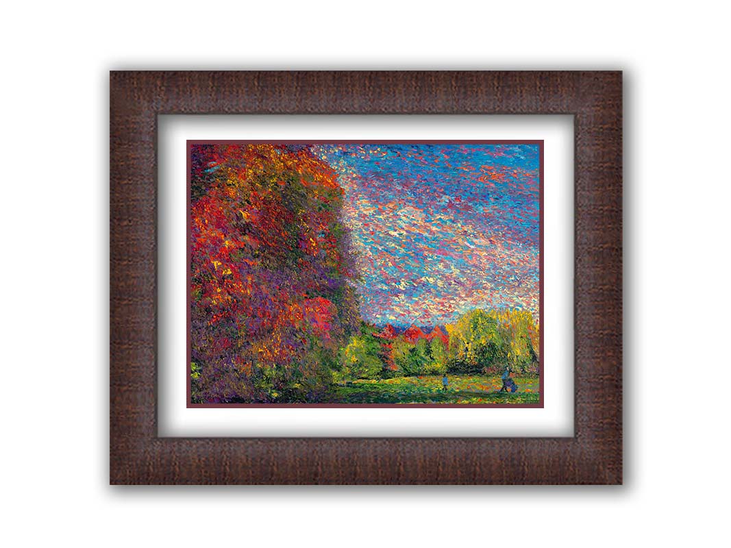 A painting of a wide-open park, painted with unblended spots of paint. The trees are turning from green to red with the transition to autumn. Printed on paper, matted, and framed.