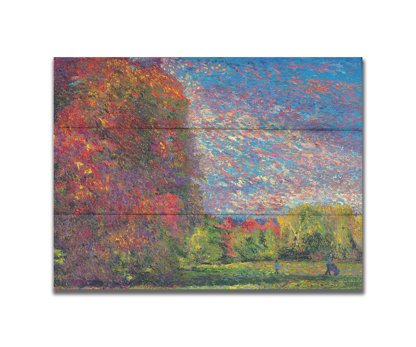 A painting of a wide-open park, painted with unblended spots of paint. The trees are turning from green to red with the transition to autumn. Printed on a box board.