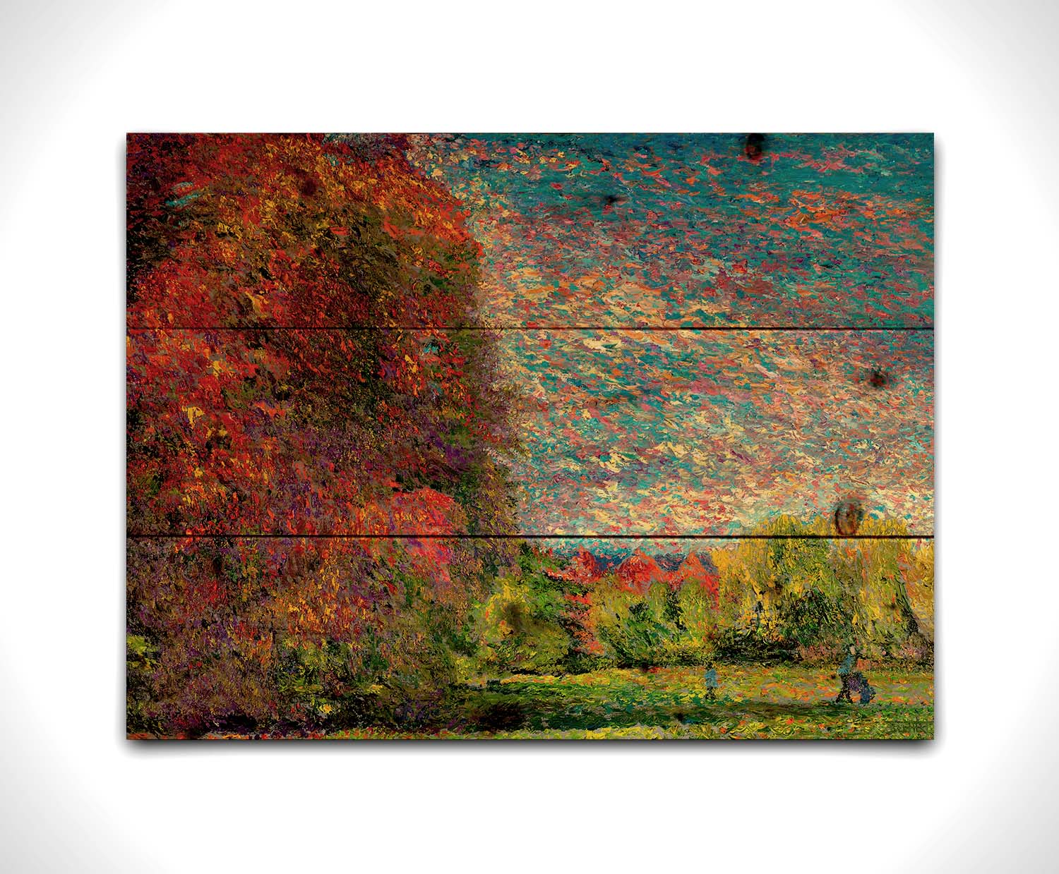 A painting of a wide-open park, painted with unblended spots of paint. The trees are turning from green to red with the transition to autumn. Printed on a wood pallet.