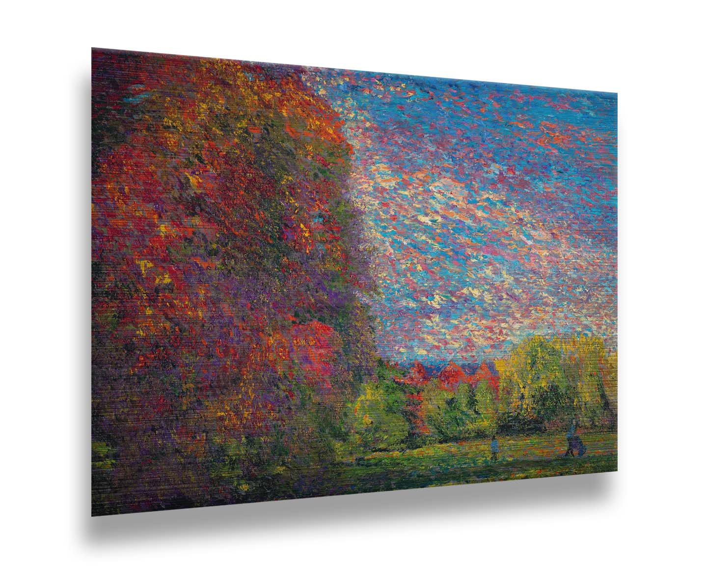 A painting of a wide-open park, painted with unblended spots of paint. The trees are turning from green to red with the transition to autumn. Printed on metal.