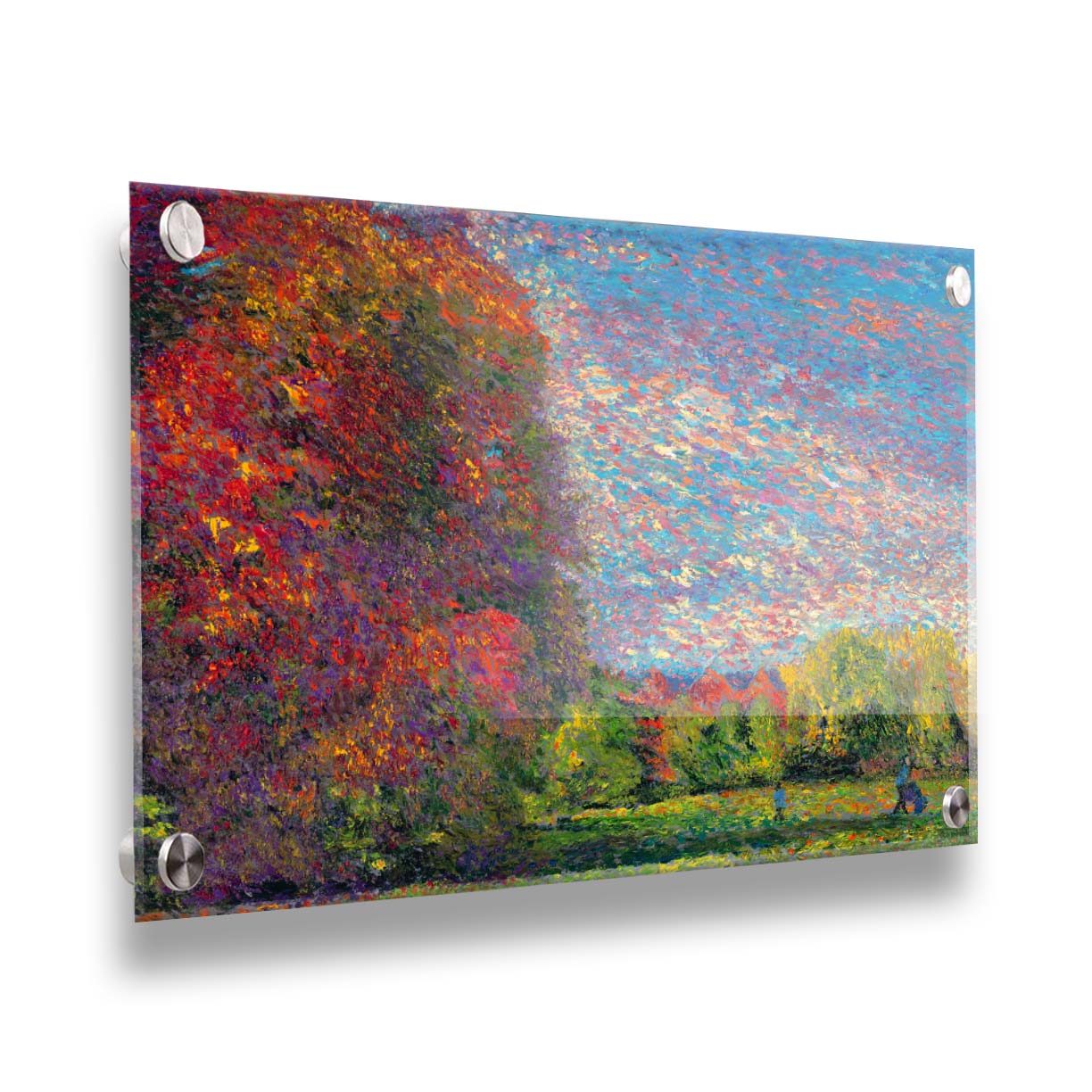 A painting of a wide-open park, painted with unblended spots of paint. The trees are turning from green to red with the transition to autumn. Printed on acrylic.