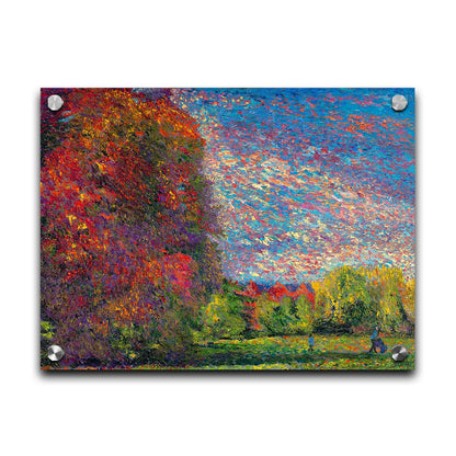 A painting of a wide-open park, painted with unblended spots of paint. The trees are turning from green to red with the transition to autumn. Printed on acrylic.