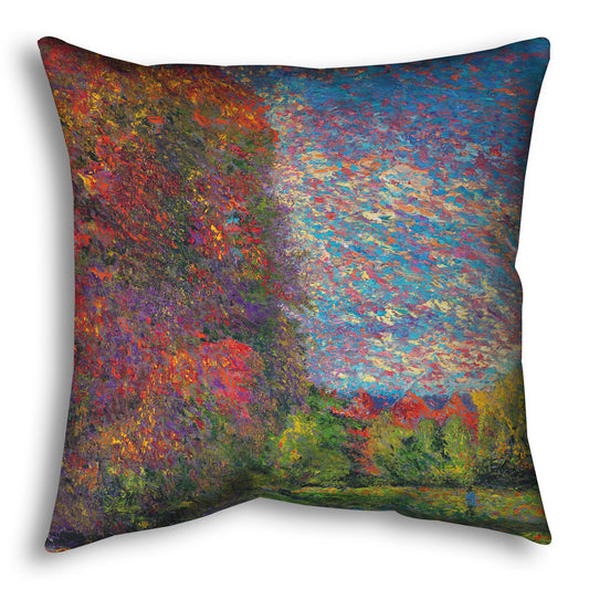 A throw pillow designed with a painting of a wide-open park, painted with unblended spots of paint. The trees are turning from green to red with the transition to autumn.