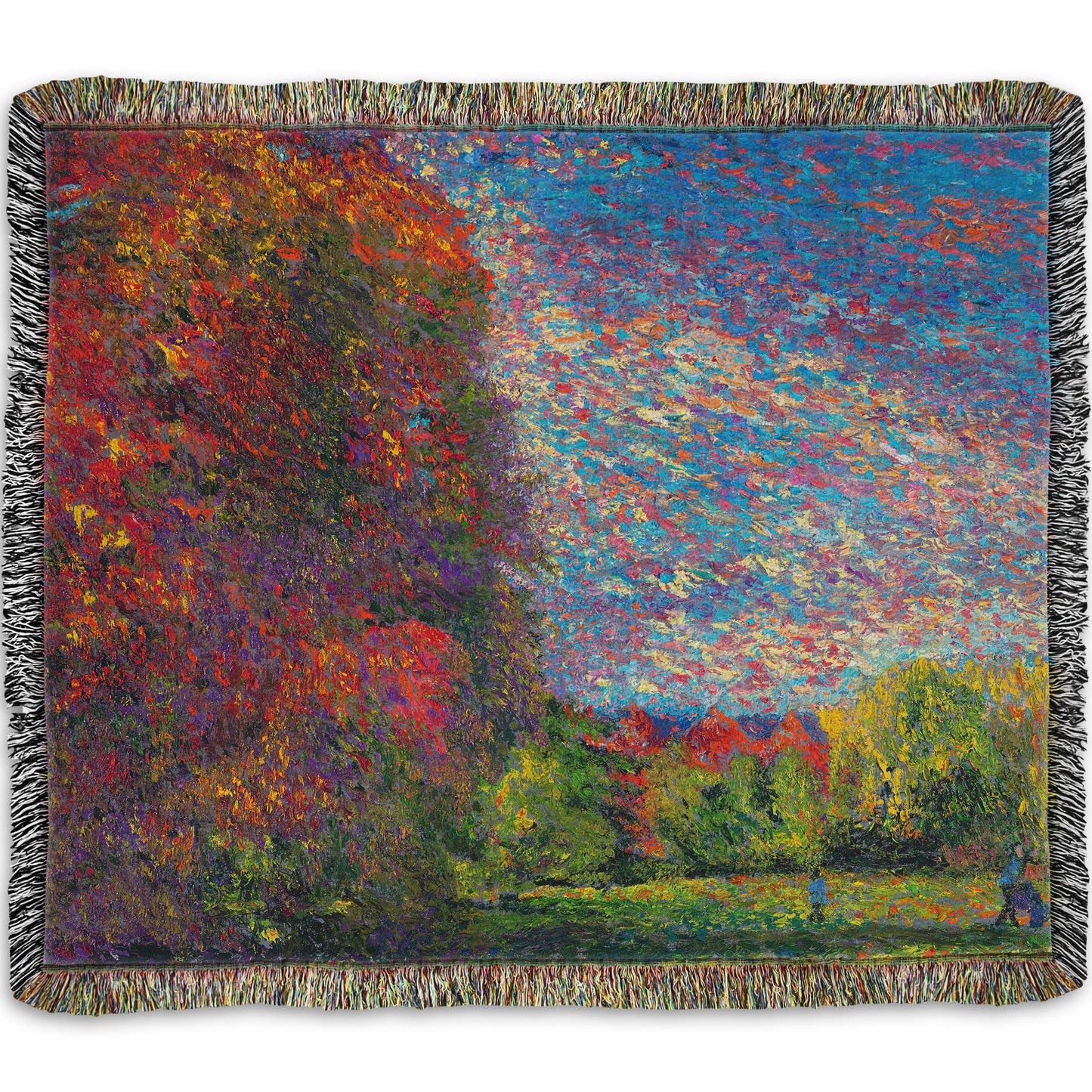 A woven throw blanket designed with a painting of a wide-open park, painted with unblended spots of paint. The trees are turning from green to red with the transition to autumn.