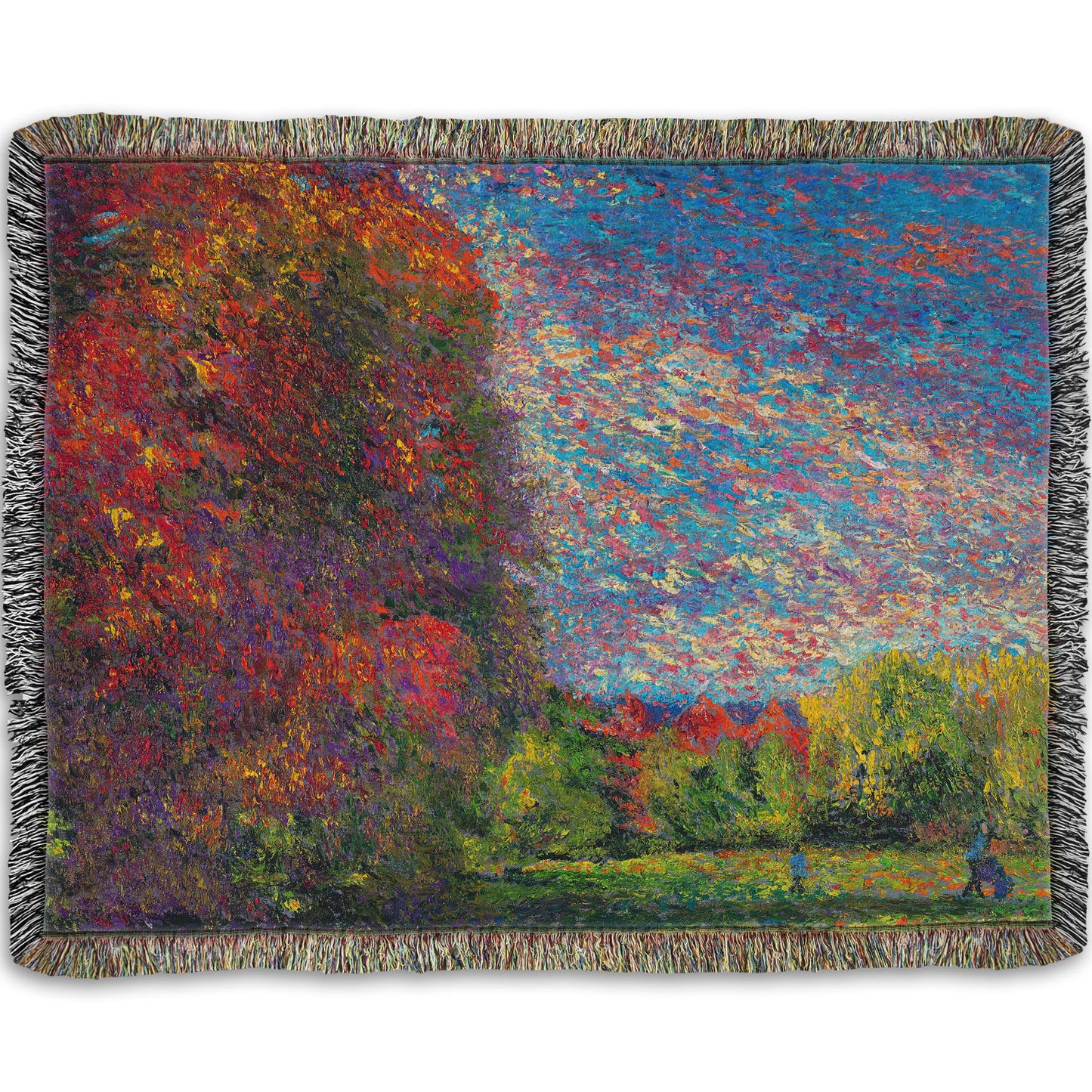 A woven throw blanket designed with a painting of a wide-open park, painted with unblended spots of paint. The trees are turning from green to red with the transition to autumn.