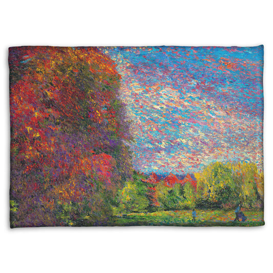 A fleece blanket designed with a painting of a wide-open park, painted with unblended spots of paint. The trees are turning from green to red with the transition to autumn.