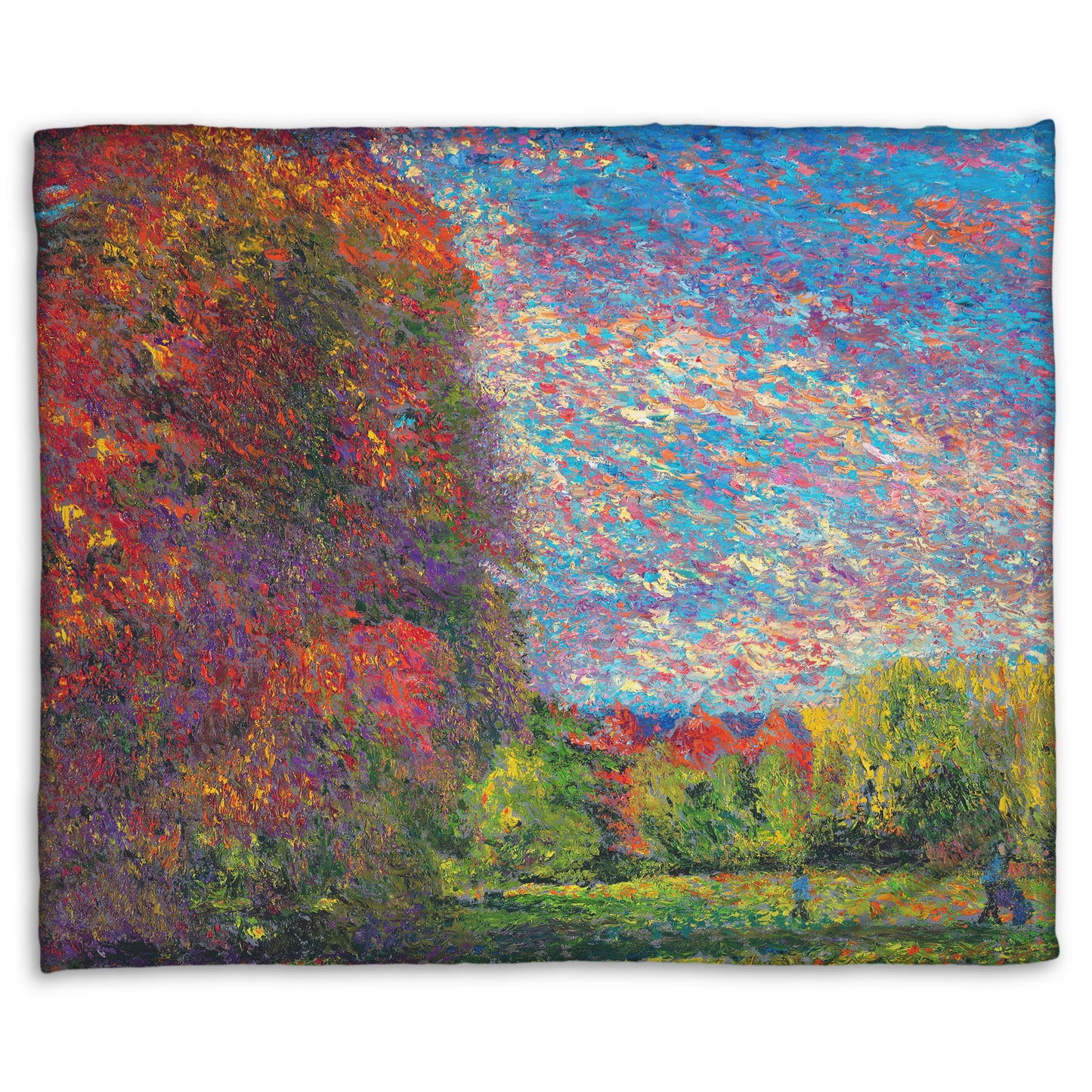 A fleece blanket designed with a painting of a wide-open park, painted with unblended spots of paint. The trees are turning from green to red with the transition to autumn.