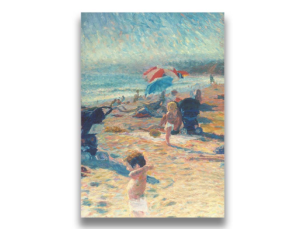 A painting of a busy beach during the summer. People sit under umbrellas all along the sand, and in the foreground, two small children play. Printed on canvas.