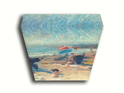 A painting of a busy beach during the summer. People sit under umbrellas all along the sand, and in the foreground, two small children play. Printed on canvas.