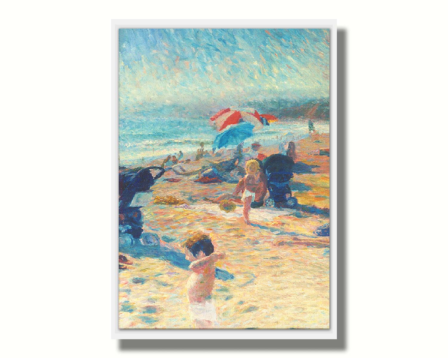 A painting of a busy beach during the summer. People sit under umbrellas all along the sand, and in the foreground, two small children play. Printed on canvas in a float frame.