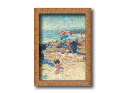 A painting of a busy beach during the summer. People sit under umbrellas all along the sand, and in the foreground, two small children play. Printed on canvas and framed.