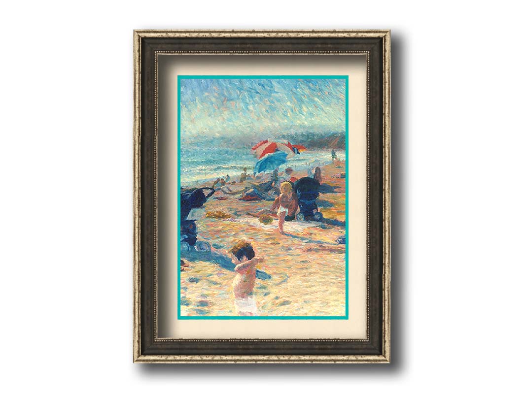 A painting of a busy beach during the summer. People sit under umbrellas all along the sand, and in the foreground, two small children play. Printed on paper, matted, and framed.