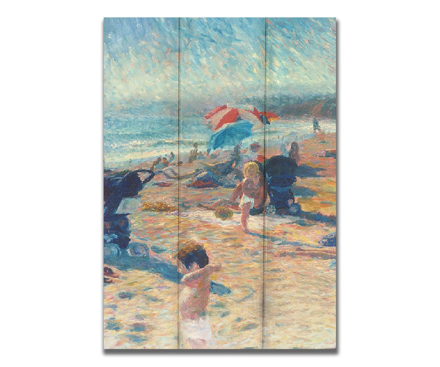 A painting of a busy beach during the summer. People sit under umbrellas all along the sand, and in the foreground, two small children play. Printed on a box board.