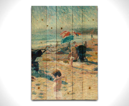 A painting of a busy beach during the summer. People sit under umbrellas all along the sand, and in the foreground, two small children play. Printed on a wood pallet.