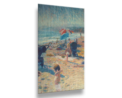 A painting of a busy beach during the summer. People sit under umbrellas all along the sand, and in the foreground, two small children play. Printed on metal.