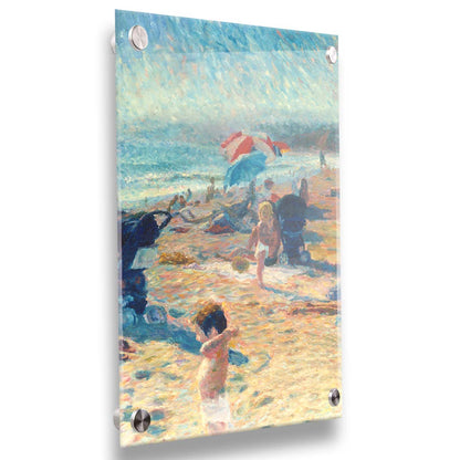 A painting of a busy beach during the summer. People sit under umbrellas all along the sand, and in the foreground, two small children play. Printed on acrylic.