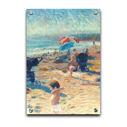 A painting of a busy beach during the summer. People sit under umbrellas all along the sand, and in the foreground, two small children play. Printed on acrylic.