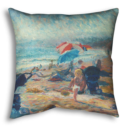 A throw pillow designed with a painting of a busy beach during the summer. People sit under umbrellas all along the sand, and in the foreground, two small children play.