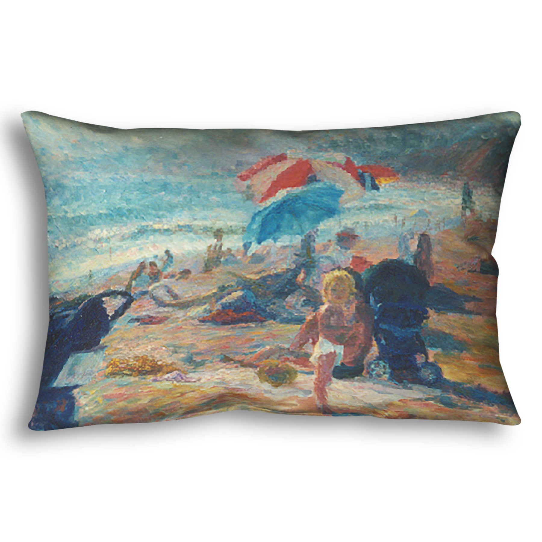 A throw pillow designed with a painting of a busy beach during the summer. People sit under umbrellas all along the sand, and in the foreground, two small children play.