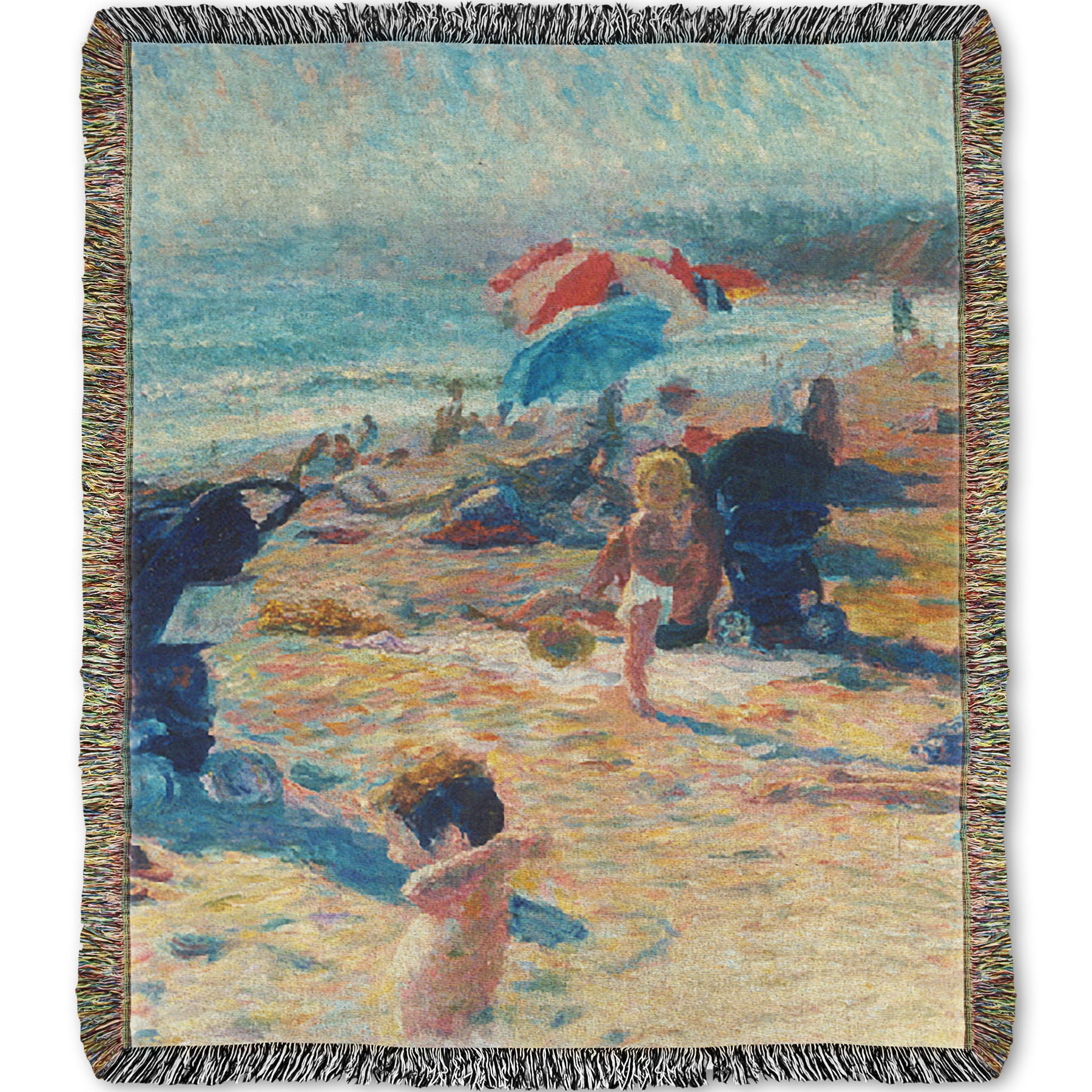 A woven throw blanket designed with a painting of a busy beach during the summer. People sit under umbrellas all along the sand, and in the foreground, two small children play.