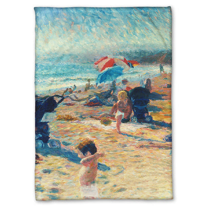 A fleece throw blanket designed with a painting of a busy beach during the summer. People sit under umbrellas all along the sand, and in the foreground, two small children play.