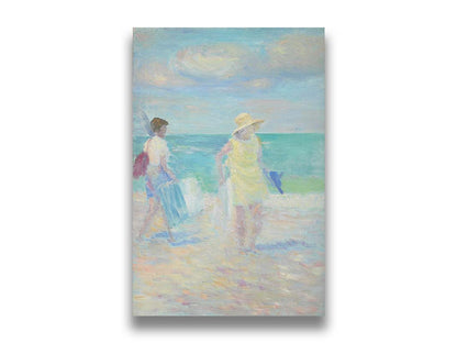 A painting of two people on the beach, carrying towels and chairs and umbrellas. The ocean is calm behind them as they walk through the sand. Printed on canvas.