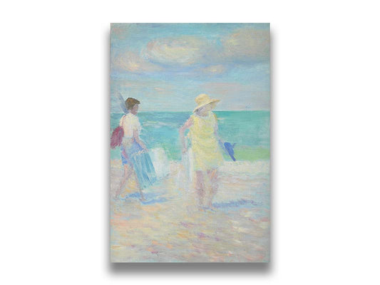 A painting of two people on the beach, carrying towels and chairs and umbrellas. The ocean is calm behind them as they walk through the sand. Printed on canvas.