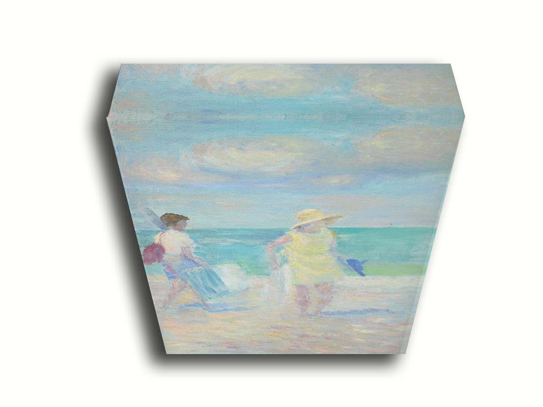 A painting of two people on the beach, carrying towels and chairs and umbrellas. The ocean is calm behind them as they walk through the sand. Printed on canvas.