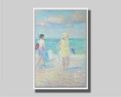 A painting of two people on the beach, carrying towels and chairs and umbrellas. The ocean is calm behind them as they walk through the sand. Printed on canvas in a float frame.