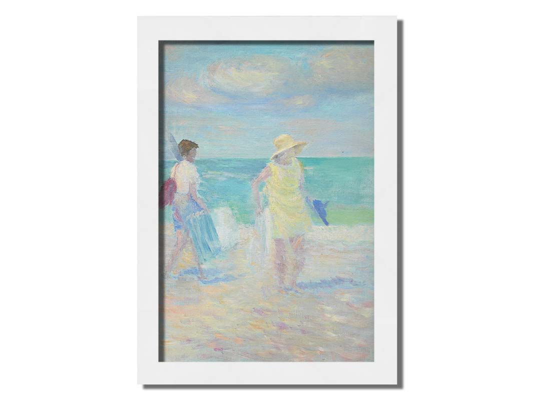 A painting of two people on the beach, carrying towels and chairs and umbrellas. The ocean is calm behind them as they walk through the sand. Printed on canvas and framed.