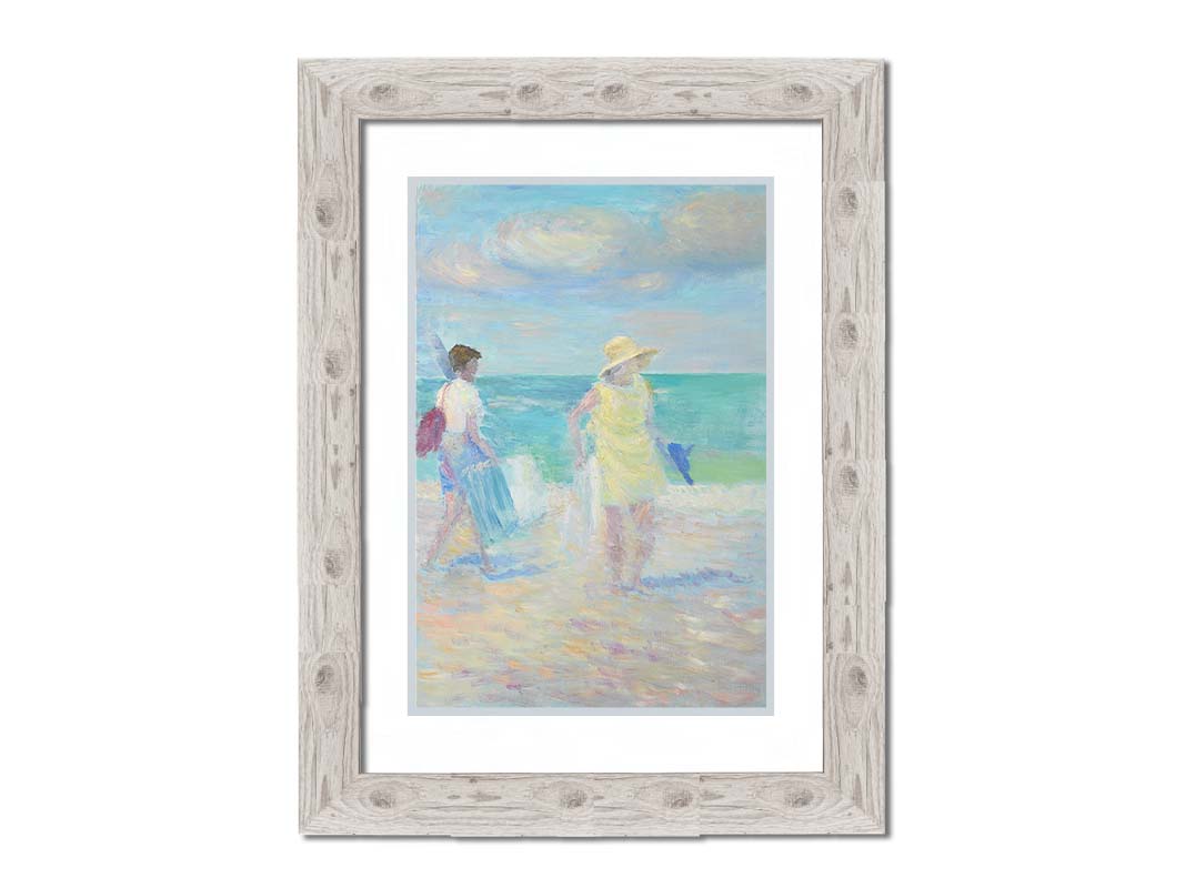 A painting of two people on the beach, carrying towels and chairs and umbrellas. The ocean is calm behind them as they walk through the sand. Printed on paper, matted, and framed.